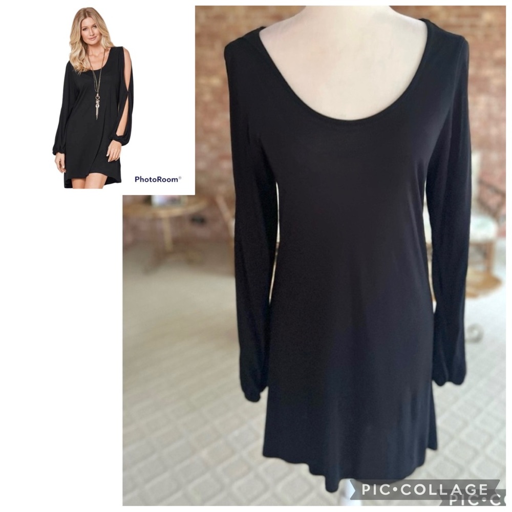 Lascana Venus Dress Split Sleeve Knit Mini Black XS Cocktail Mini Chic Glam Mod